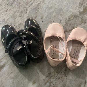Pair of black tap/pink ballet slippers - size little girls 11 & 12